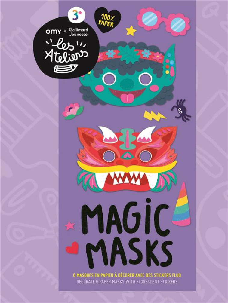 MAGIC MASKS - 6 MASQUES EN PAPIER A DECORER AVEC DES STICKERS FLUO - COLLECTIF - NC